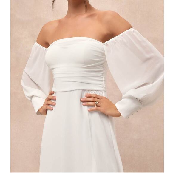 Lulus NWT Adorna White Off-the-Shoulder Semi-Sheer Button Chiffon Maxi Dress XL - Picture 4 of 12
